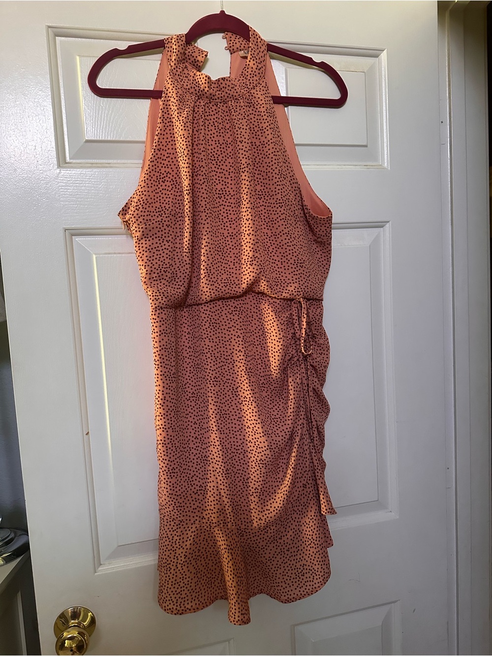 Willow Coral One-Shoulder Dress with Black Dot Detail